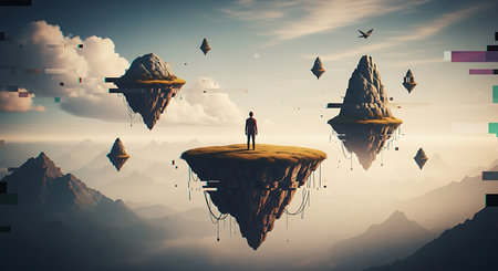 Man standing on floating island in surreal landscape. 3D Renderingの素材