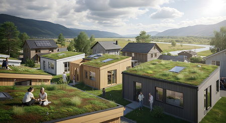 3D rendering of a small town with a lot of green grassの素材