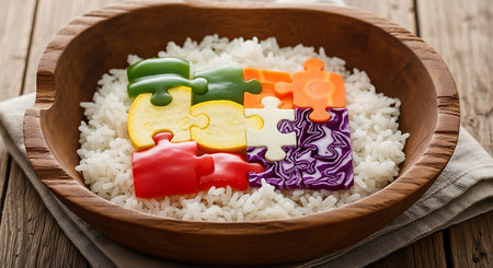 Colorful jigsaw puzzle pieces on a bowl of white rice.の素材