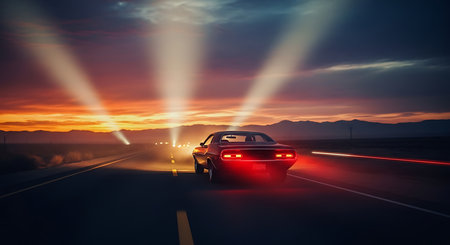 Car on the road with rays of light at sunset. 3d renderingの素材