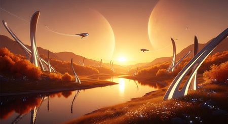 Fantasy alien planet. Flying saucers in the sky. 3D renderingの素材