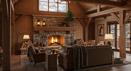 3d render of cozy living room with fireplace and armchair.の素材