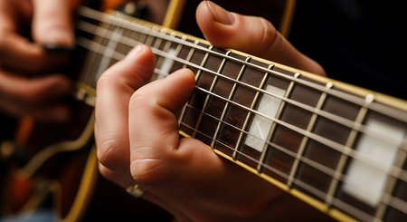 Guitarist playing on electric guitar, close-up of handsの素材