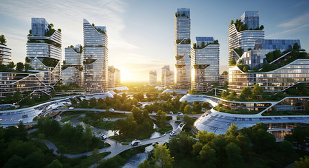 Modern city at sunset. Business and financial concept. 3D Renderingの素材