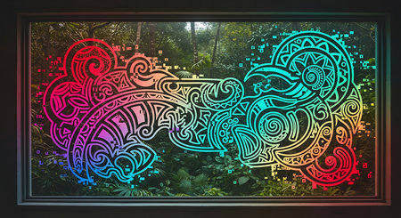Colorful abstract pattern in the form of a fish in the forestの素材