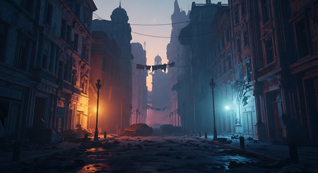 Foggy street in the old city at night. 3d renderingの素材