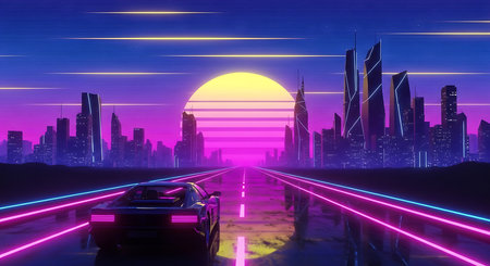futuristic city with neon lights and car on the road at nightの素材