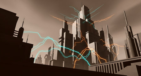 Futuristic cityscape with glowing skyscrapers and glowing lightningの素材