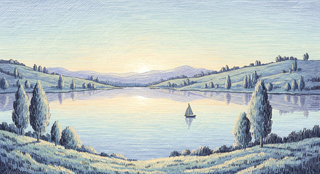 Beautiful summer landscape with lake and hills. Hand drawn illustration.の素材