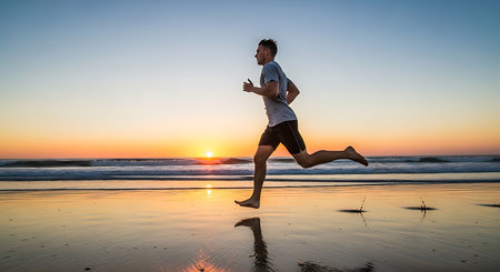 Young man running on the beach at sunrise. Fitness and healthy lifestyle.の素材