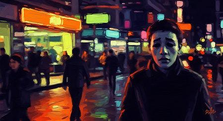 Digital painting of a man in a night city street at night.の素材