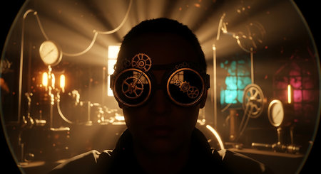 Dark silhouette of a man with gears and cogwheels on the background of a night cityの素材