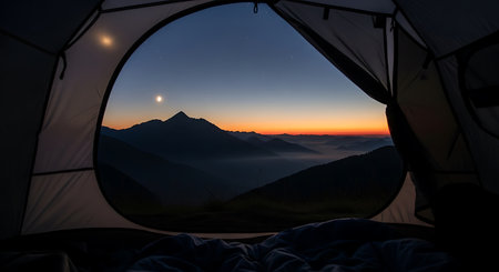 Silhouette of a tent in the mountains at night. View from inside.の素材