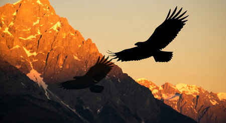Silhouette of a flying eagle against the background of the mountains.の素材