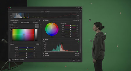 Digital composite of Man looking at holographic screen with graphs and chartsの素材
