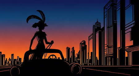 illustration of brazilian woman in cabriolet at sunsetの素材