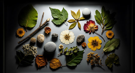 Spa still life with stones, leaves and flowers on black backgroundの素材