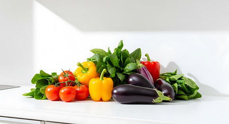 Fresh vegetables on a white table in a modern kitchen. Healthy food.の素材