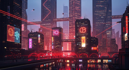 Shanghai skyline at night with neon lights and modern skyscrapersの素材