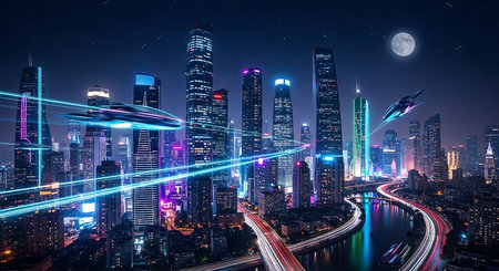 Night view of skyscrapers and highway in Shanghai, China.の素材