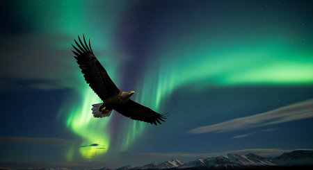 Northern lights in the sky over the mountains. 3d rendering.の素材