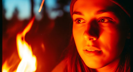 Young woman in front of a fire in the forest at night.の素材