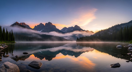 Glacier National Park, Montana, USA. Sunrise over the lake.の素材