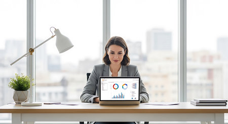 businesswoman using laptop with charts on screen at workplace in modern officeの素材