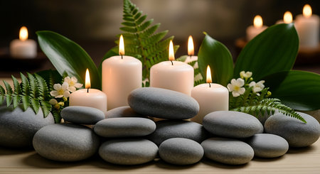 Spa still life with zen stones, candles and green leavesの素材
