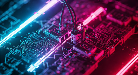 Electronic circuit board close up. 3d rendering toned imageの素材