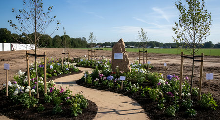 A view of a garden with flowers and a grave in the Netherlandsの素材