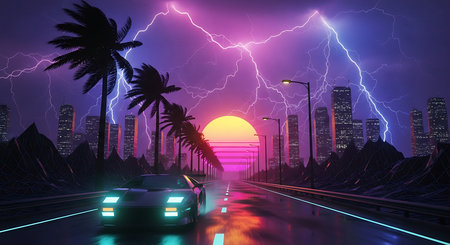 Car on the road in the city with thunderstorm. 3D renderingの素材