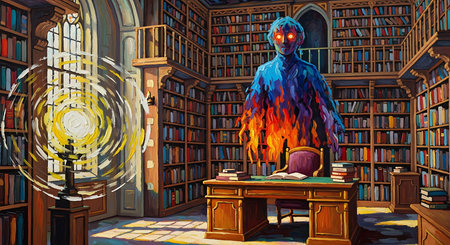 Illustration of a ghost reading a book in an old library.の素材