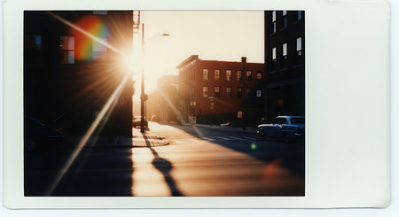 Sunset over a city street. Photo in old film strip.の素材