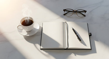 Open notebook, pen, glasses and coffee cup on white marble tableの素材