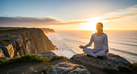 Young woman practicing yoga on the cliffs of Etretat, Normandy, Franceの素材