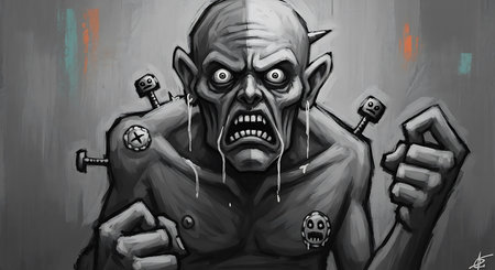 Cartoon illustration of a monster with a lot of angry expressions.の素材