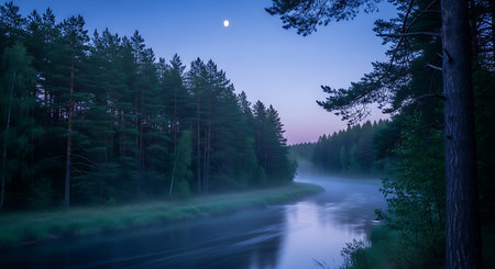 River in the forest at night. Beautiful landscape with river and treesの素材