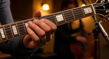 Close up of a man playing an electric guitar at home. Selective focus.の素材