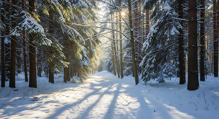 Beautiful winter landscape with snow covered trees and sunbeams.の素材