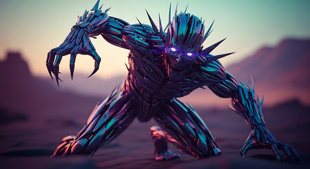 3D Illustration of a Fantasy Alien in the Desert at Sunsetの素材