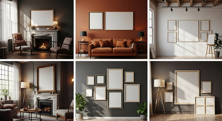 3d Illustration of six color variations of a modern living roomの素材