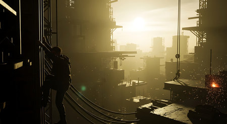 Silhouette of a worker at the construction site. Mixed mediaの素材