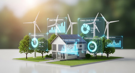 Renewable energy concept with wind turbines and house 3D renderingの素材