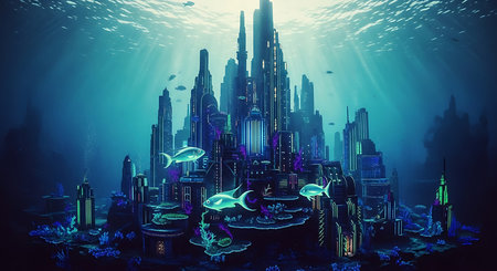 Futuristic city in the deep blue ocean. 3d renderingの素材