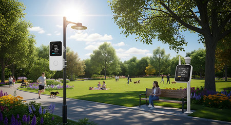 People sitting on bench in park at sunny day. People walking in park.の素材