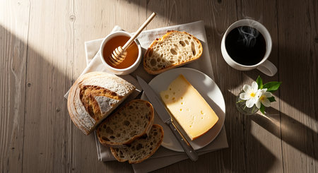 Breakfast with coffee, cheese, honey and bread on wooden tableの素材