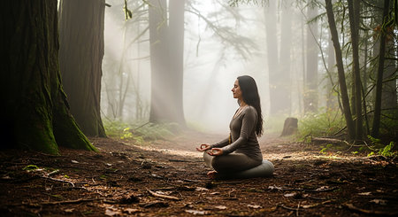 Young woman practicing yoga in the forest in the morning. Healthy lifestyle concept.の素材