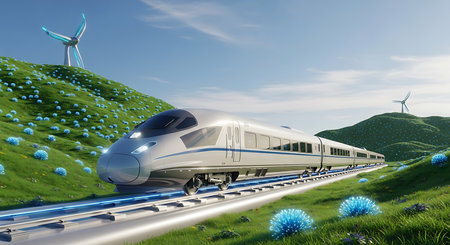High-speed train on the road to the windmill. 3D renderingの素材