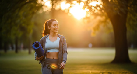 Sporty young woman holding yoga mat in the park at sunset.の素材